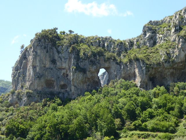 Rocky cliff face with a natural stone arch above woodland
