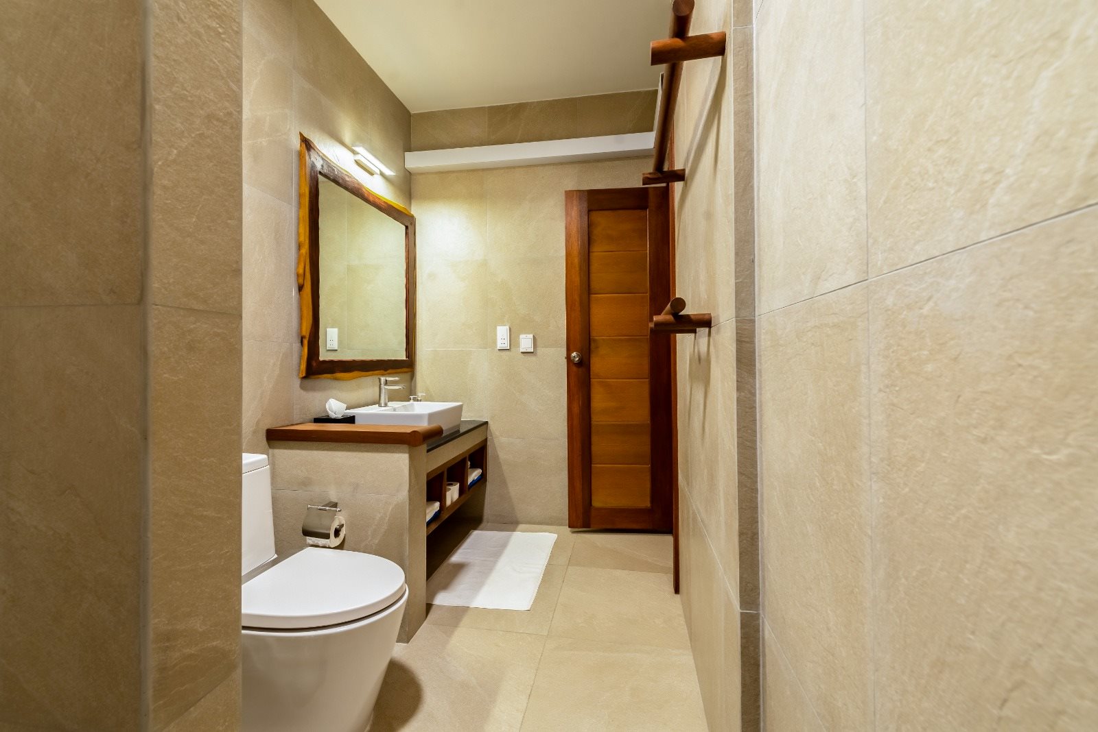 Bathroom with a wooden door, vanity and mirror
