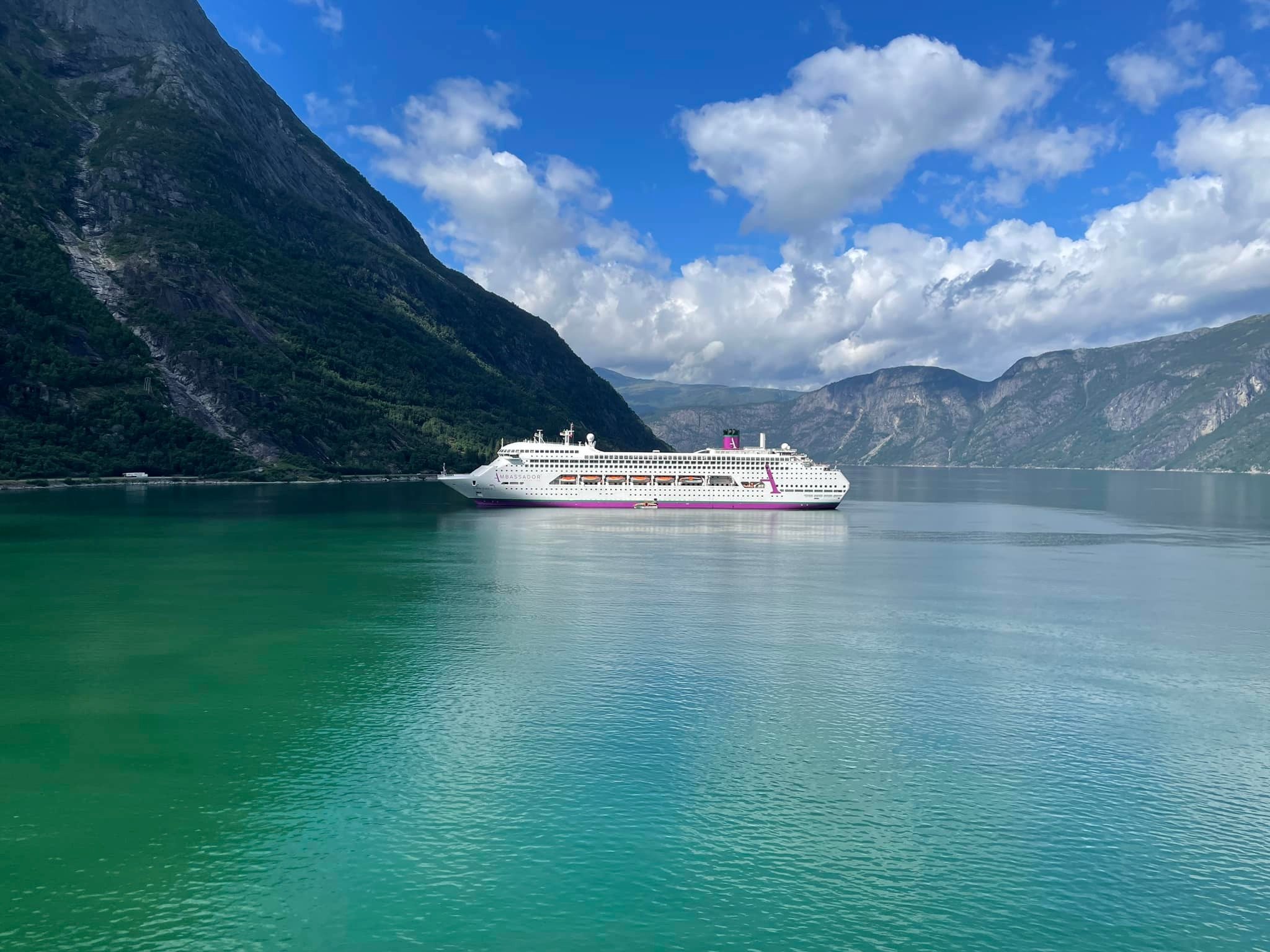 Cruise ship sailing on a green fjord between steep mountains