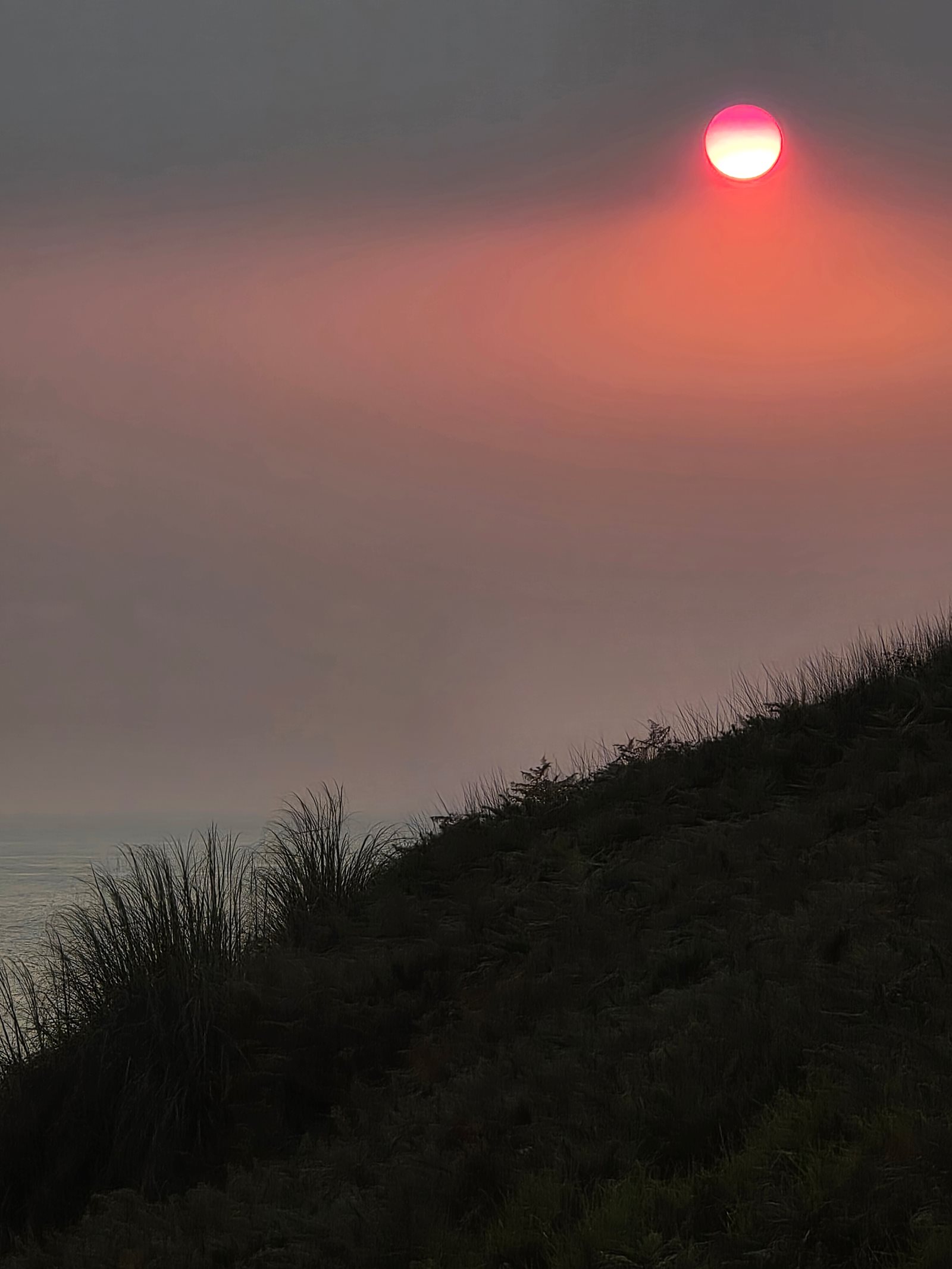 The setting sun glowing red through mist above a hillside