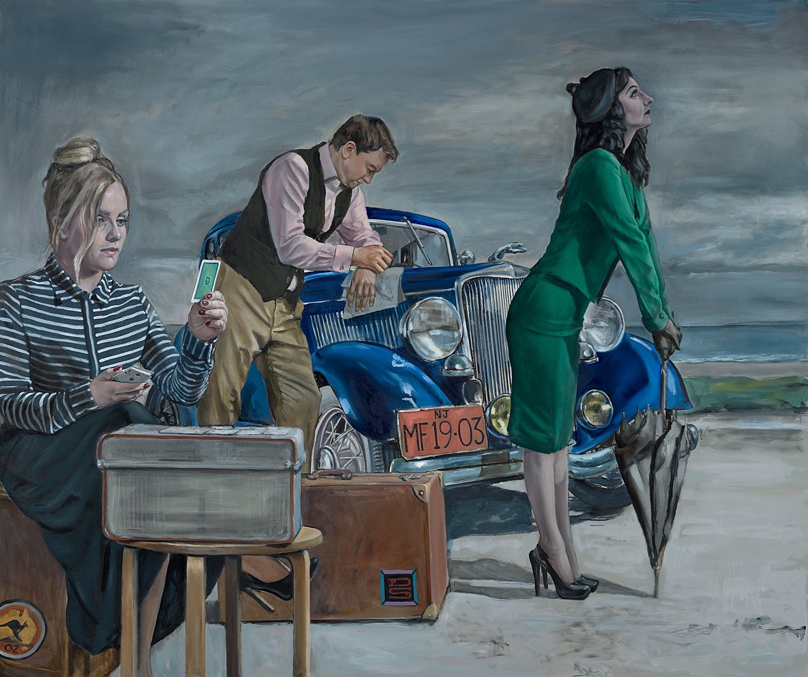 Framed painting of two women and a man beside a vintage car on a beach