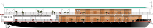 A side-view diagram of the river cruise ship's deck layout
