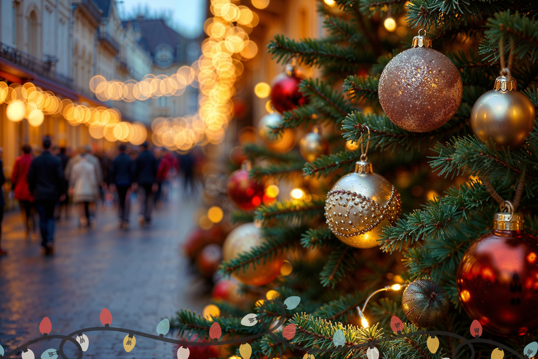 Christmas tree baubles close up with festive lights blurred in the background