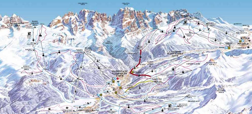 Piste map of a Dolomites ski area showing lifts and runs