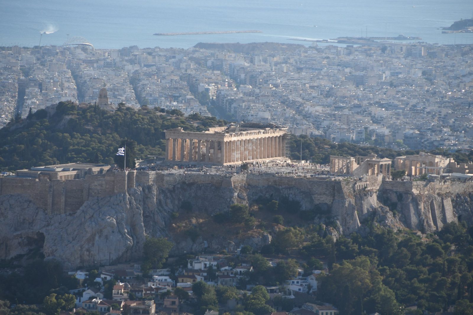 Aerial view of the Acropolis rising above the sprawling city of Athens
