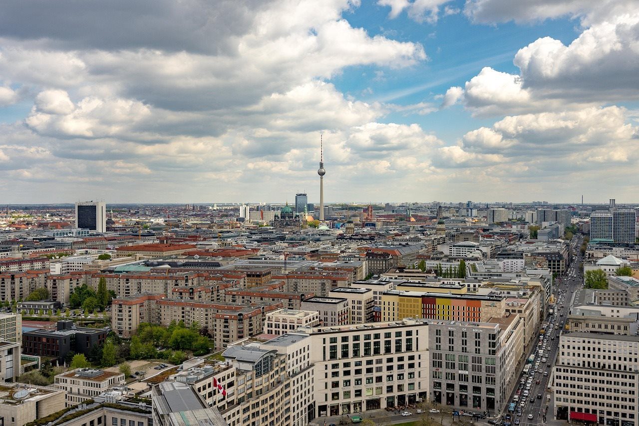 Aerial view of Berlin's rooftops with the TV tower in the distance