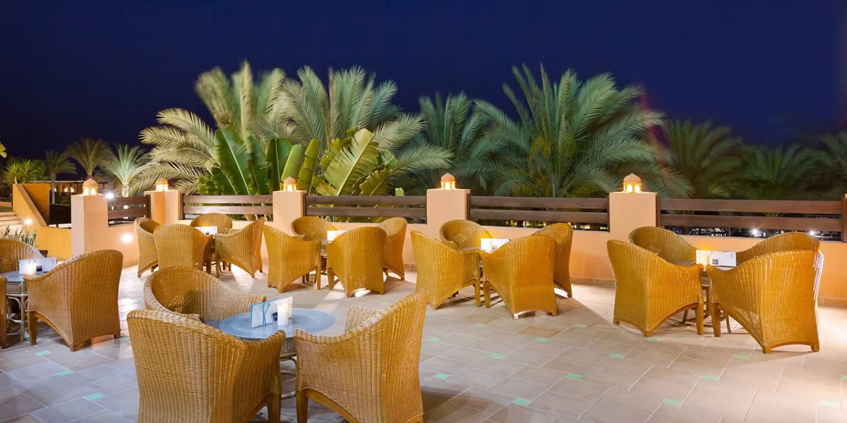 Empty terrace with wicker armchairs and palm trees at dusk