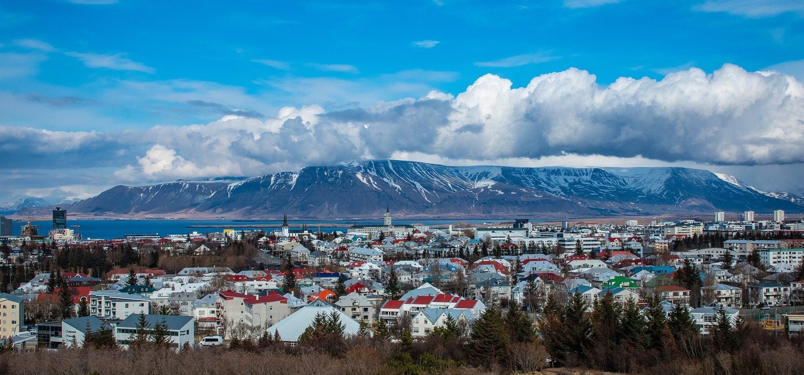 Reykjavik's rooftops beneath a snow-capped mountain